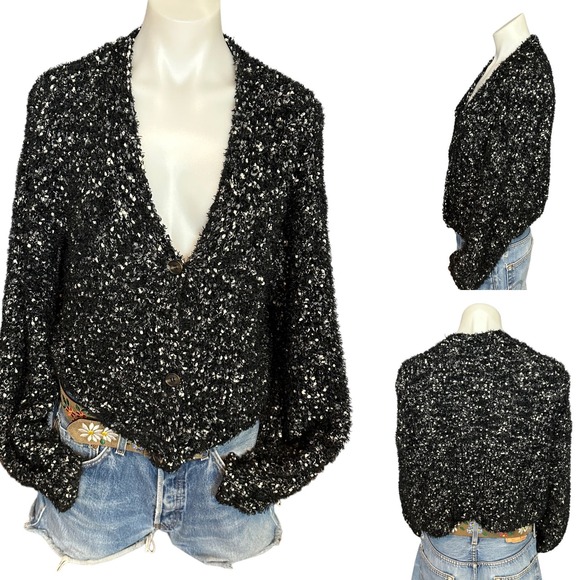 Ten‎ Sixty Sherman Chunky Crop Cardigan Sweater Black White Size Medium Oversize - Picture 1 of 7
